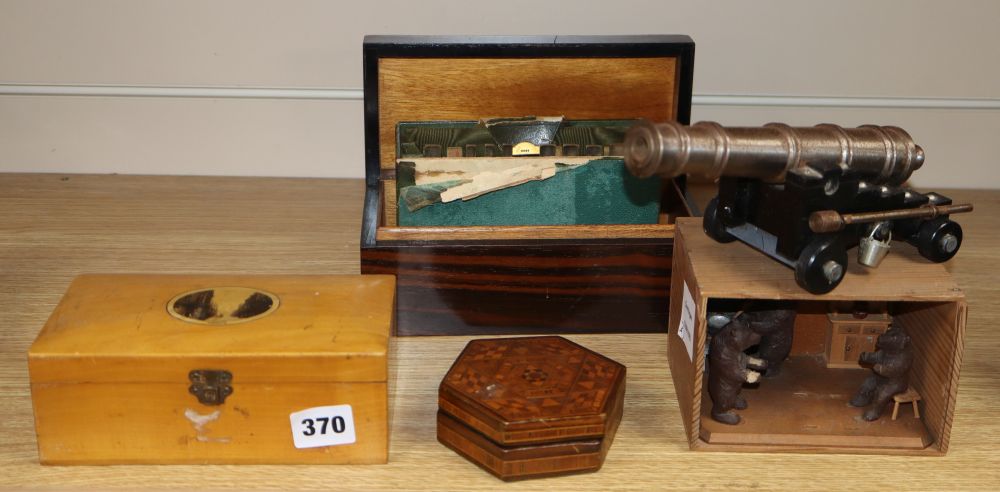Five assorted boxes including treen, napkin rings, etc.